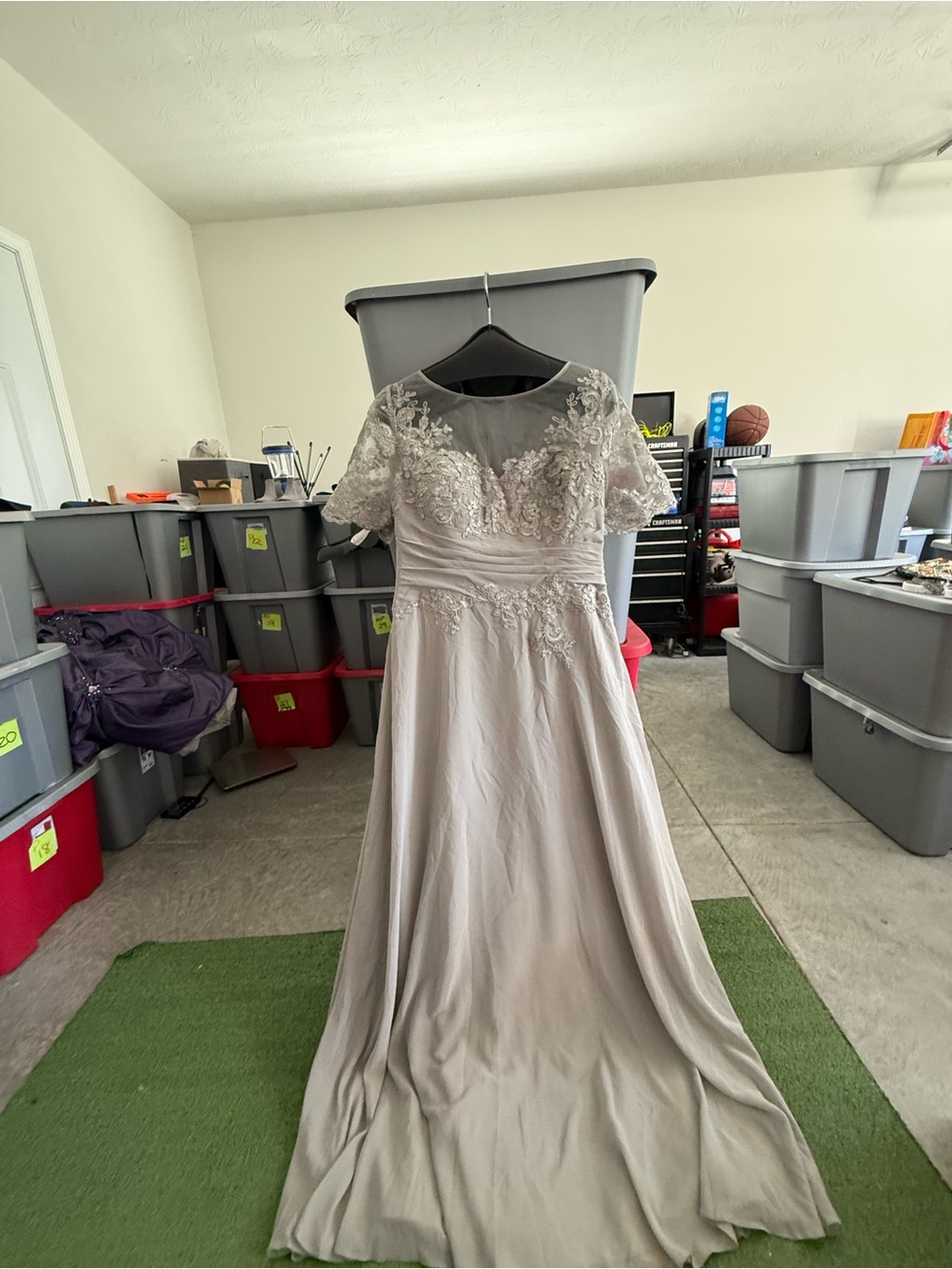 Elegant Lace Bodice Evening Gown in Light Gray mp25